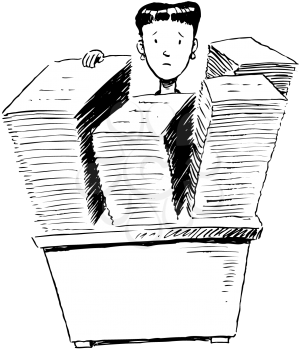 Royalty Free Clipart Image of a Woman Behind Stacks of Paperwork
