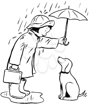 Royalty Free Clipart Image of a Girl Protecting Her Dog From the Rain With an Umbrella
