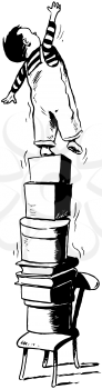 Royalty Free Clipart Image of a Child Standing on a Chair and a Huge Stack of Boxes