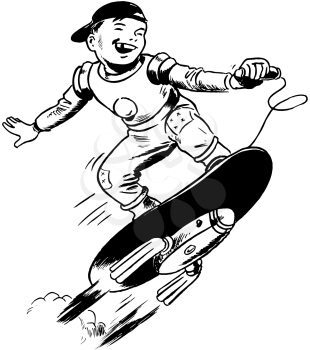 Royalty Free Clipart Image of a Boy on a Rocket Board