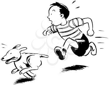 Royalty Free Clipart Image of a Boy and Dog on the Run