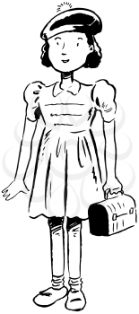 Royalty Free Clipart Image of a Schoolgirl With a Lunch Pail
