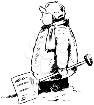 Royalty Free Clipart Image of a Child Shovelling Snow