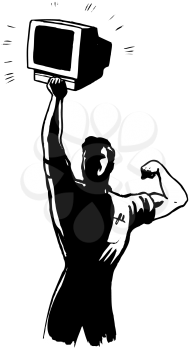 Royalty Free Clipart Image of a Muscular Guy Holding Up a Computer While Showing Off His Bicep