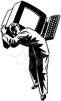 Royalty Free Clipart Image of a Man Carrying a Large Computer