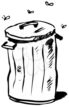 Royalty Free Clipart Image of Flies Around a Trashcan