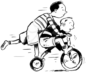 Royalty Free Clipart Image of Two Boys Playiing on a Tricycle