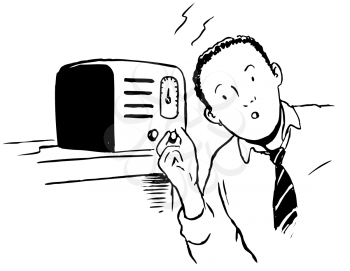 Royalty Free Clipart Image of a Man Tuning In to the Radio
