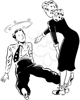 Royalty Free Clipart Image of a Woman Holding Out Her Hand to a Man Sitting on the Floor