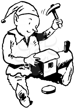 Royalty Free Clipart Image of An Elf Building A Toy
