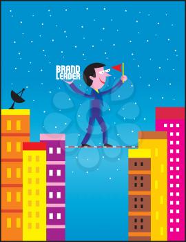 Royalty Free Clipart Image of a Man Walking a Tightrope Between Two Buildings