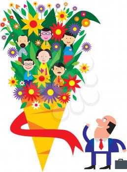 Royalty Free Clipart Image of a Businessman Looking at a Bouquet of People and Flower