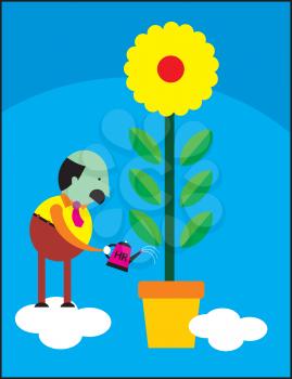 Royalty Free Clipart Image of a Man Watering a Plant
