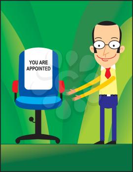 Royalty Free Clipart Image of a Man Indicating a Chair With a You Are Appointed Sign