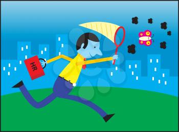 Royalty Free Clipart Image of a Human Resources Man Chasing a Butterfly