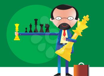 Royalty Free Clipart Image of a Man Holding Chess Pieces