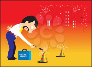 Royalty Free Clipart Image of a Businessman Lighting Fireworks