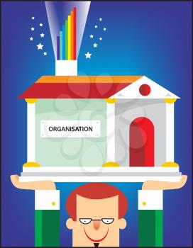 Royalty Free Clipart Image of a Man Holding a Building With the Word Organization