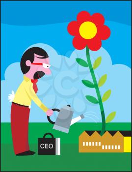 Royalty Free Clipart Image of a Man Watering a Garden