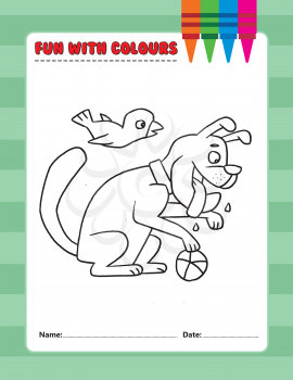 Royalty Free Clipart Image of Colouring Page of a Dog Playing With a Ball and a Bird Flying Overhead