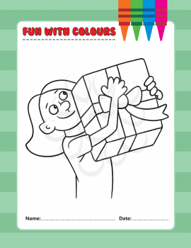 Royalty Free Clipart Image of a Girl With a Present Colouring Page