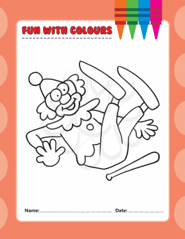 Royalty Free Clipart Image of a Clown Falling on a Bat Colouring Page