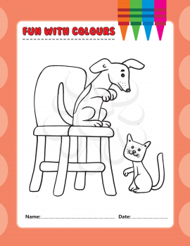Royalty Free Clipart Image of a Colouring Page With a Dog on a Chair and a Cat