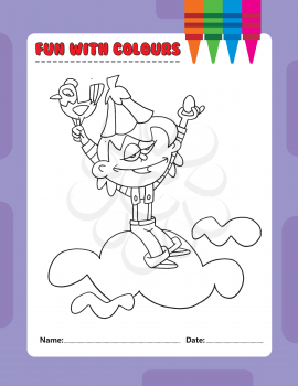 Royalty Free Clipart Image of a Colouring Page of a Boy on a Cloud Holding a Bird and Egg