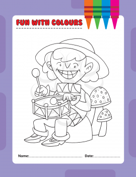 Royalty Free Clipart Image of a Colouring Page of a Girl Drumming on a Rock
