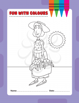 Royalty Free Clipart Image of a Colouring Page of a Woman With a Basket of Food