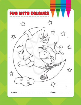 Royalty Free Clipart Image of a Colouring Page of a Child on the Moon