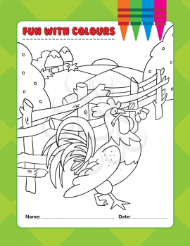 Royalty Free Clipart Image of a Colouring Page of a Rooster in a Barnyard