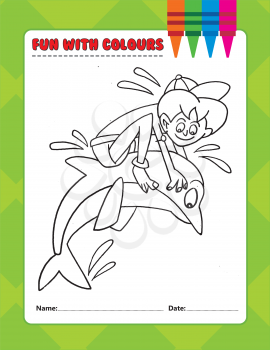 Royalty Free Clipart Image of a Colouring Page of a Boy Riding a Dolphin
