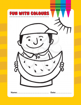 Royalty Free Clipart Image of a Boy Eating a Watermelon Colouring Page