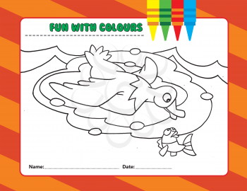 Royalty Free Clipart Image of a Colouring Page of a Duck and a Fish