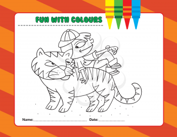 Royalty Free Clipart Image of a Colouring Page of a Boy on a Tiger