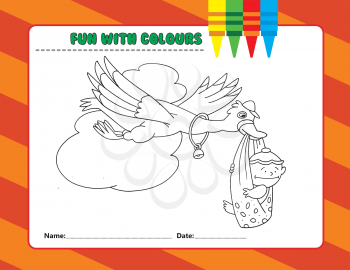 Royalty Free Clipart Image of a Colouring Page of a Stork With a Baby