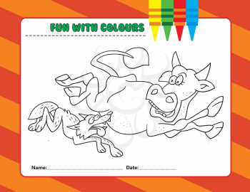 Royalty Free Clipart Image of a Colouring Page of a Wolf Chasing a Cow