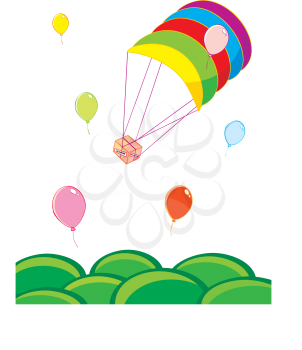 Royalty Free Clipart Image of a Present Being Delivered by Balloon