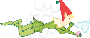 Royalty Free Clipart Image of an Elf Blowing a Trumpet