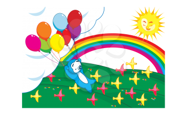 Royalty Free Clipart Image of a Penguin Holding onto Balloons and Flying