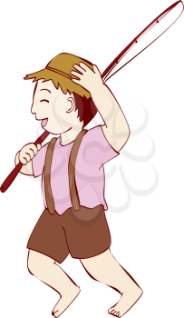 Royalty Free Clipart Image of a Little Boy Holding a Fishing Rod