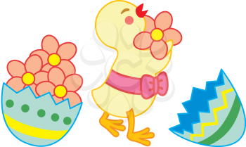 Royalty Free Clipart Image of a Chick Collecting Flowers