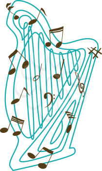 Royalty Free Clipart Image of a Harp and Music Notes