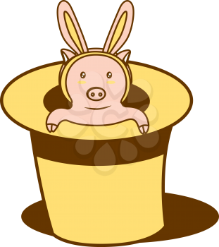 Royalty Free Clipart Image of a Pig Wearing Bunny Ears Sitting in a Top Hat