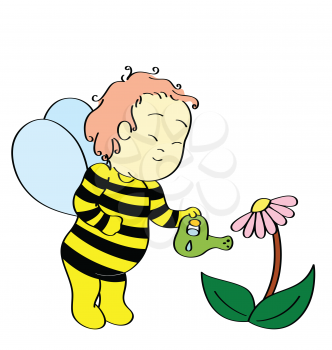 Royalty Free Clipart Image of a Bee Boy Watering a Plant