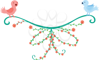 Royalty Free Clipart Image of Birds and Flowers on a Flourish