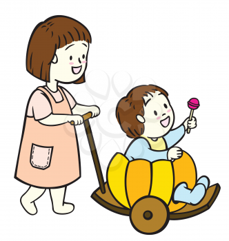 Royalty Free Clipart Image of a Woman Pushing a Stroller