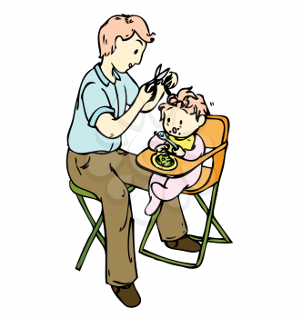 Royalty Free Clipart Image of a Father Cutting Something Out of a Baby's Hair