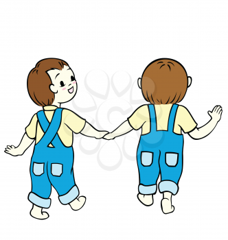 Royalty Free Clipart Image of Two Children Holding Hands Walking Away